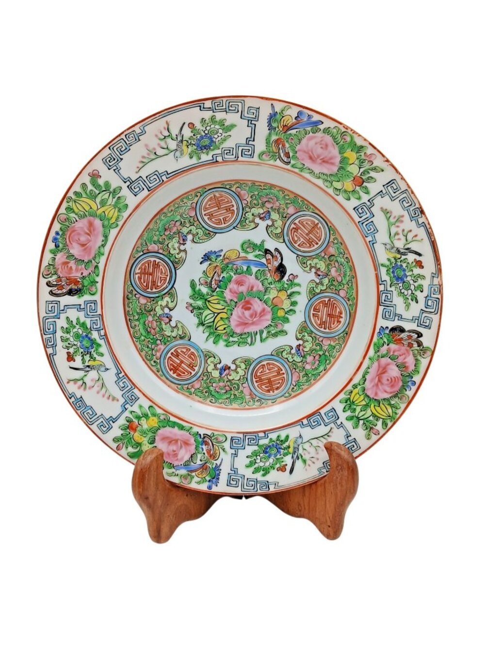 Rose Medallion Rim Soup Bowl Hand Painted Porcelain 9.75 Made in China